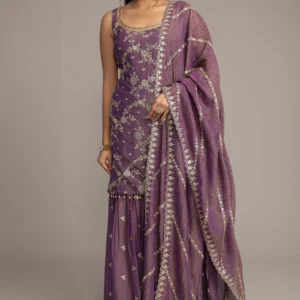 purple shimmer tissue suit detailed with aari and sequins work