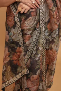 printed organza saree with dori and stone work