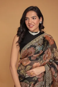 printed organza saree with dori and stone work