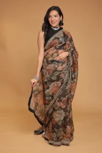 printed organza saree with dori and stone work