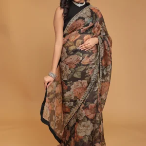printed organza saree with dori and stone work